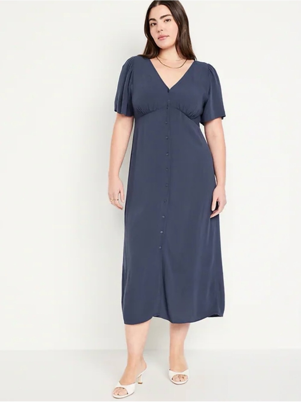Old Navy Navy Button-Front V-Neck Midi Dress